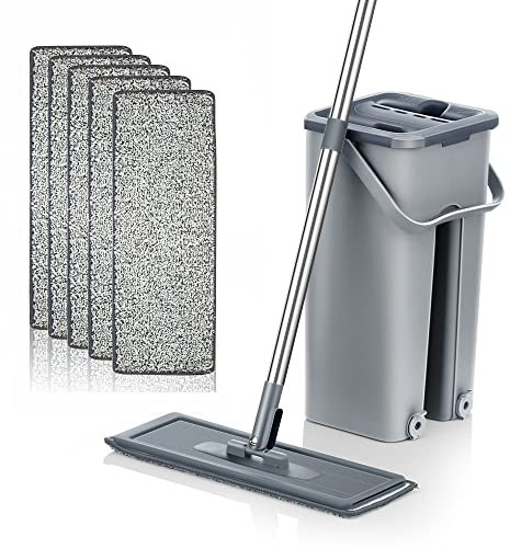 Mopa Limpia Suelos, Mango Acero Inoxidable, Microfibra Adhesiva y Función Escurridor Empapador, Rotación Plana y 360 grados. Para todo tipo de Superficies Húmedas/Secas (PACK 6 ALMOHADILLAS GRIS)