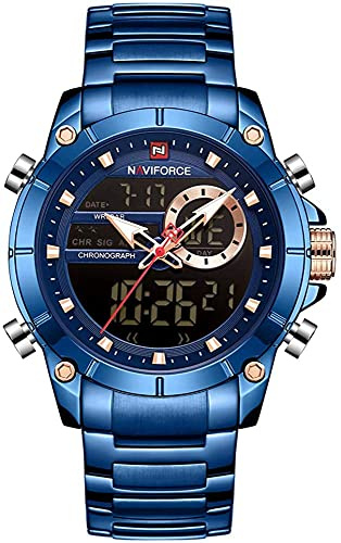 NAVIFORCE Reloj de pulsera de acero inoxidable para hombre con pantalla dual digital de cuarzo multifuncional, Azul + Azul