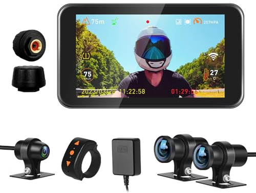 VSYSTO Motorrad DashCam, 4.5 Zoll LCD Bildschirm 170 ° Weitwinkel, 1080P Doppellinse Vordere und hintere Motorrad Kamera, WiFi wasserdichte Sportkamera mit GPS Nachtsicht