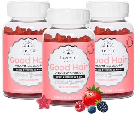 Lashilé Beauty - Complément Alimentaire - Pousse accélèrée, Croissance & Fortification des cheveux - Good Hair Vitamines - Made in France - Biotine, Zinc Vitamine B8, C, B6 - Cure 3 Mois 180 Gummies