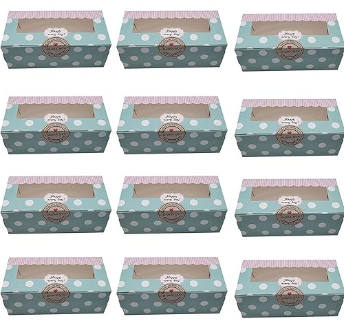 SECALIFE 2 Holes Cupcake Box, 12 Pieces Cupcake Boxes with Window Including Stickers, Cupcake Box for Carrying Displaying Tasty Muffins, Cupcakes, Fairy Cakes, Treats, Cookies