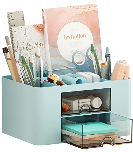 Marbrasse Schreibtisch Organizer mit Schubladen,Multifunktional Stiftehalter Schreibtisch mit 7 Fächer 2 Schubladen,Büro Organizer Zubehör(Blau)