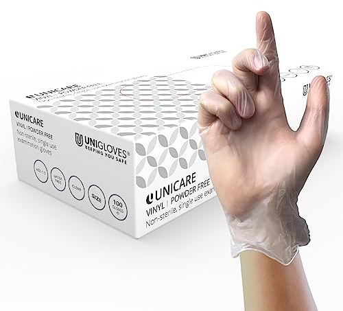 UNIGLOVES Unicare Vinyl Multipurpose Disposable Gloves, Powder Free, Latex Free, Medium Weight, Box of 100 Gloves, Clear, Size Large (GS0064)