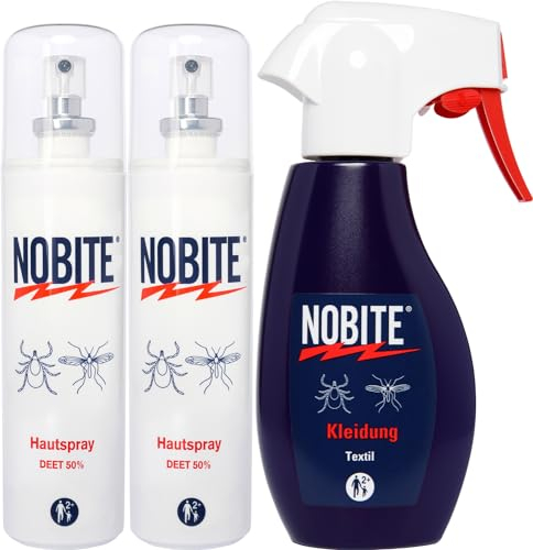 NOBITE antizanzare e antizecche, 2 x Spray per la cute 100 ML + 1 x Abiti 200 ML (3 pezzi), repellente zecche e zanzare, DEET + Permetrina, Value-Pack