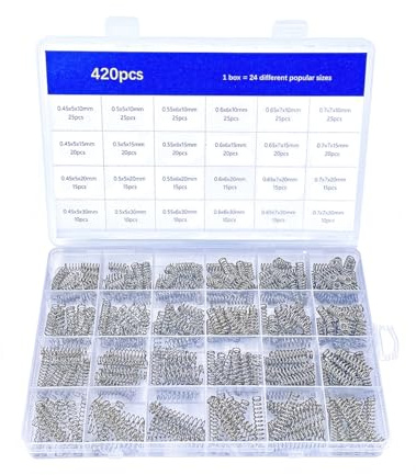 CREEYA 420 stycken Kompressionsfjädrar Kit, 24 storlek, 4 längd 10mm 15mm 20mm 30mm, diameter 5mm 6mm 7mm, 6 olika elasticiteter Liten Kompressionsfjäder För DIY Fartyg Reparation