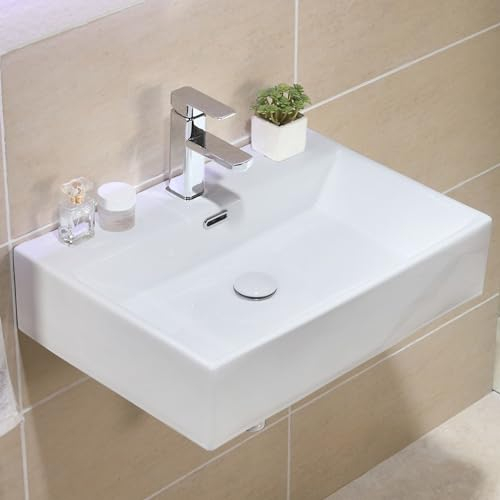 HOROW Lavabo para baño de 60 cm, montaje en pared, lavabo de cerámica blanca, lavabo pequeño para invitados, moderno y elegante, sin desagüe, 60 x 42 cm