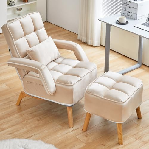 CLIPOP Sillón de relax con taburete, sillón de lectura con acolchado extragrueso, sillón reclinable para televisión, sillón orejero (terciopelo, beige)