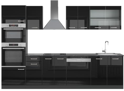 Vicco Küchenzeile R-Line, Schwarz Hochglanz, 300 cm | 8 Module · Höhenverstellbare Füße · Ohne Arbeitsplatte · Robuste Fronten · Mit Backofen-/Mikrowellenschrank
