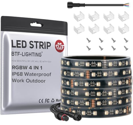 BTF-LIGHTING IP68 Waterproof Outdoor RGBW LED Strip 5050SMD RGB+Warm White(3000K-3500K) 4 Colors in 1 DC24V 16.4ft 5m 60LED/m Multi-Colored Tape Lights for Kitchen Decoration(No Adapter or Controller)