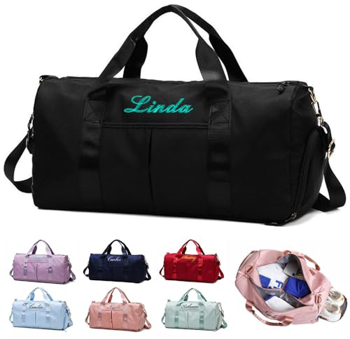 Personalisierte Sporttaschen Mit gesticktem Namen (Schwarz) | Geräumige Reisetasche,Nassfach & Schuhfach,Für Männer und Frauen,Geburtstagsgeschenk für die Familie