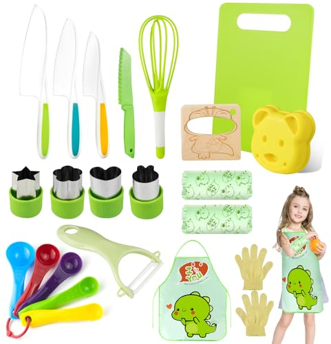 Dhnvcud Kit Cuisine Enfant - 21 Pièces, Couteau Enfant, Ustensiles Cuisine pour Enfants, Couteaux Montessori, Gants de Protection, Planche à Découper, Idéal pour Petits Chefs