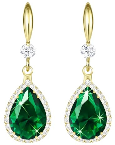 Linawe Emerald Green Earrings, 14K Gold Imitation Diamond Rhinestone Cubic Zirconia Crystal Dangle Earrings, Teardrop Birthstone Lime Green Wedding Jewellery