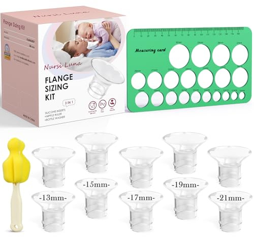 Nursi Luna Fläns Storlekssats 3-i-1 med 10 st flänsinlägg 13/15/17/19/21 mm, silikon bröstpumpflänsar infogningssats för 24 mm elektrisk bröstpump, pumpande amning nödvändighetskit för ny mamma
