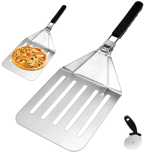 QINERSAW Pala per Pizza con Manico Pieghevole Pala per Pizza in Acciaio Inossidabile con Design Cavo Pala per Pizza Professionale in Metallo con 1 Rullo per Pizza