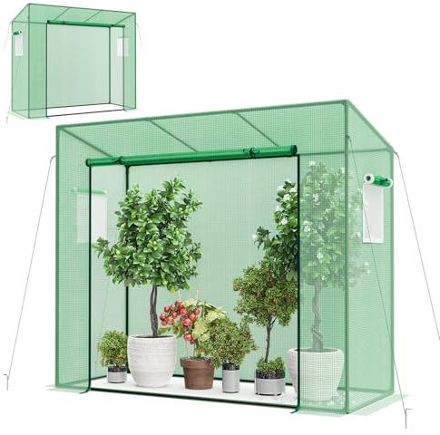 HOMASIS Gewächshaus 200x77x169cm, Foliengewächshaus mit Rolltür & 2 Fenster, Treibhaus aus PE-Abdeckung & Schrägdach, Tomatenhaus mit Bodennägel & Metallrahmen, Tomatengewächshaus Pflanzenhaus, Grün