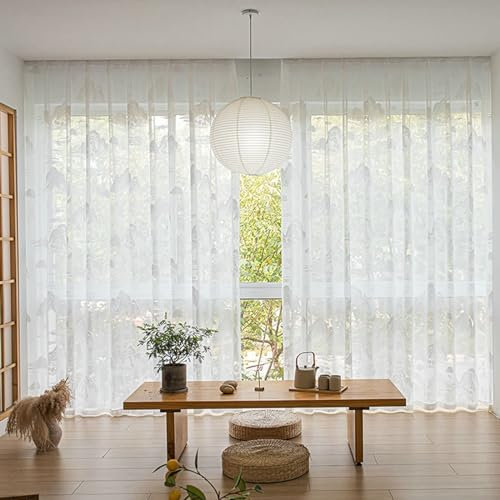 Beydodo Vorhänge Schlafzimmer Lichtdurchlässig, Gardinen mit Schlaufen Weiß 2er Set 86x183CM mit Landschaft Motiv Französisch Schiebevorhänge Halbtransparent Gardinenschals für Wohnzimmer