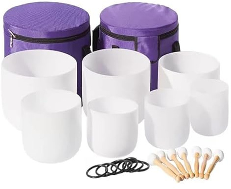 Cuarzo Cristal Cuencos Cantores Mazos, Frosted 6-12 Inch Kit, For Meditation,Yoga, Spiritual, Body Healing, With Heavy Duty Carrying Bag, Singing Bowl Mallets(432hz)