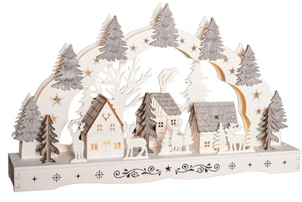 Samuel ALEXANDER 43cm Battery Operated White Wooden Reindeer & Village Scene Christmas Candle Bridge with LEDs