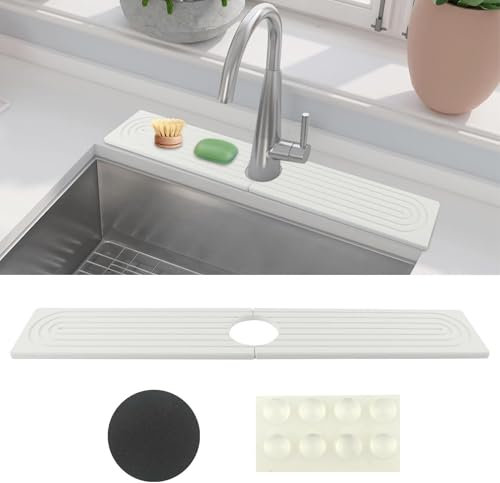 Faucet Mat for Kitchen Sink, Extra Long 23.6 Sink Splash Guard Diatomite Fast Drying Stone Sink Tray Absorbent Mat Faucet Splash Guard for Kitchen Sink and Bathroom Counter(White)
