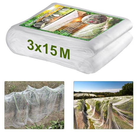 Gueenky Garden Netting Insect Netting, 3x15m Garden Insect Netting Fine Mesh Pest Protection for Vegetables Plants Fruits Flowers Crops Greenhouse