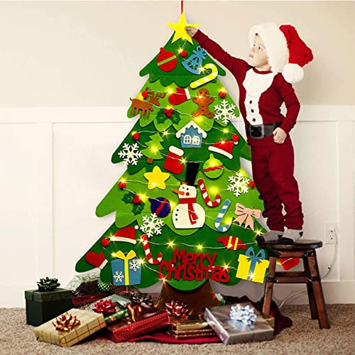 Árbol de Navidad de Fieltro, Decoraciones navideñas de Bricolaje con 33 Piezas de Adornos y Luces LED Decoración de Pared para niños Puerta de casa