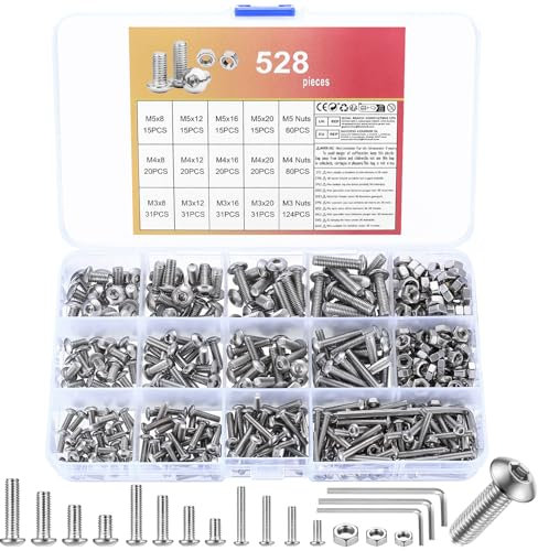528 Pz Set di Viti M3 M4 M5, Bulloni e Dadi Set, Bulloni Viti a Testa Bombata Cilindrica con Esagono Incassato, Vite a Brugola, Viti a Testa Esagonale con Esagono Incassato, Vite in Acciaio Inox