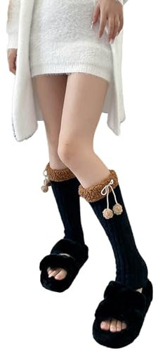 Wjsdsg Beinstulpen für Damen, Mädchen, Korallen-Fleece, Rippstrick, japanischer Pelzbesatz, Schleife, Winter, warme Beinsocken, Schwarz , Einheitsgröße