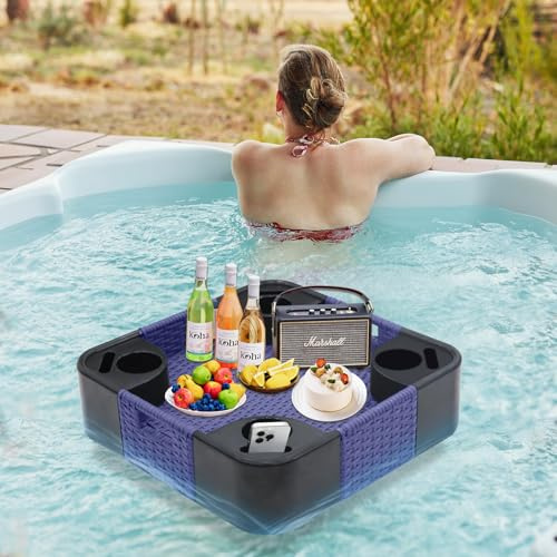 COOS BAY 24x24 Square Floating Pool Tray with Cup Holders and Phone Slots, Large Wicker Drink Holder for Pool, Hot Tub & Spa, Waterproof Serving Tray, Blue