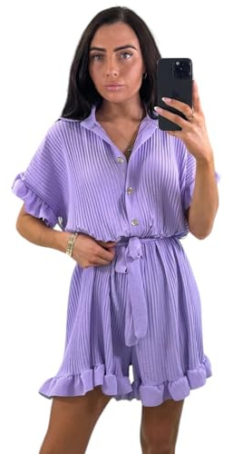 AAIF RETAILS® Women’s Gold Button Pleated Short Sleeve Plain Collared Frill Hem Belted Ladies Casual Loose Fit Oversized Baggy Swing Summer Playsuits for Women UK One Size 6-14 Lilac