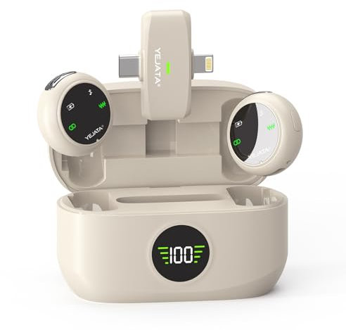 YEJATA Microfono Lavalier wireless a doppia interfaccia per iPhone e Android | Portata 25 m, custodia di ricarica 40 ore, cancellazione del rumore DSP | Mini microfono per vlog - Beige