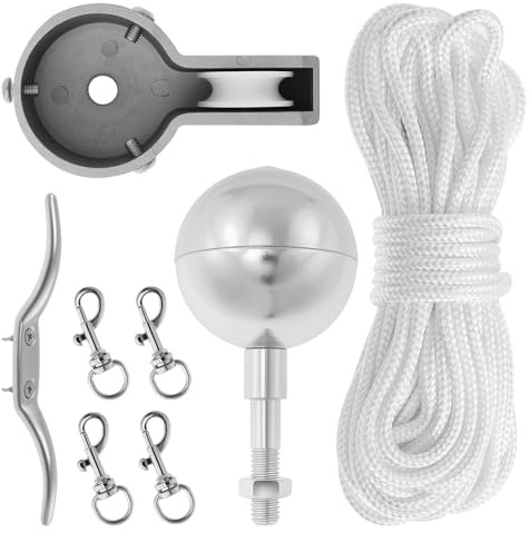 Flagpole Accessory Set Heavy Duty Aluminum Flag Pole Repair Kit with 40ft Nylon Rope + 4x Swivel Snap Clip +Top Ball for Garden Outdoor