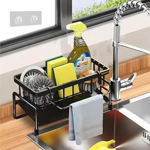 Makenrry Organizador de Fregadero Cocina, Soporte para Estropajo y Esponja con Bandeja de Drenaje, Para Almacenaje de Cocina y Baño, Con Ventosas (Negro)