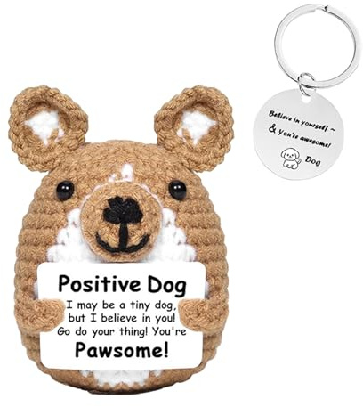 Vspek Cane Positiva all'uncinetto,Bambola Peluche con Biglietto e Portachiavi, Regalo Motivazionale per Famiglia Amici Bambini Collega, Regalo Compleanno Vacanze Decorazione per la Scrivania