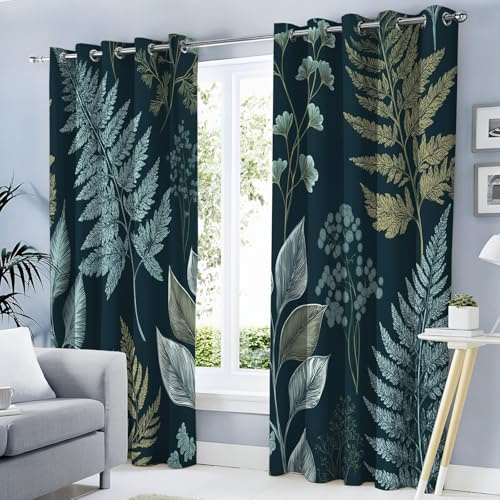 MLSOWM Ferns Blackout Curtains for Bedroom, Retro Plants Thermal Insulated Curtains Dark Blue Drapes for Room Darkening & Noise Reducing 2 Panels, W 46 x L 72