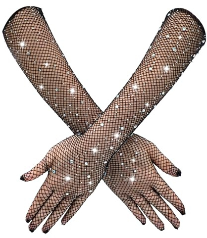 Mikovivi Guanti Lunghi a Rete Strass, Manicotti a Rete Lunghezza Al Gomito Guanti da Sera Brillanti Scaldamuscoli Accessori Costumi per Donne e Ragazze Feste Serali Balli Fine Anno (Nero)