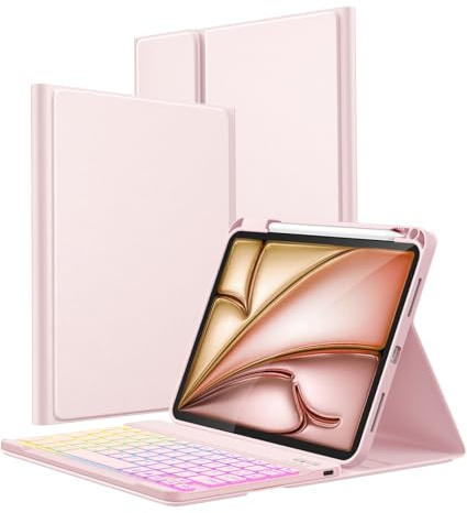 Vobafe Hülle mit Tastatur für iPad A16 11 Generation 2025/10 Gen 2022 10,9 | für iPad Air 11 Zoll M4 2026/M3/M2, Air 5/4 Gen, Pro 11 4/3/2/1, Bunte Beleuchtung,Abnehmbare,QWERTZ,mit Stifthalter,Rosa