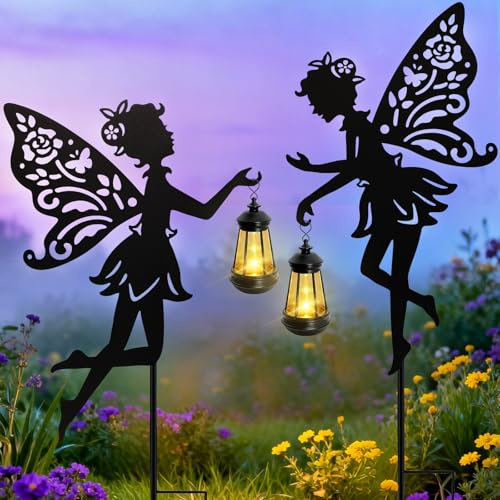 2 Pack Solar Fairy Garden Statues Outdoor Decor, Mother's Day Gift Ideas for Gardening Mom Grandma Birthday, Metal Fairy Figurine Light Stake Housewarming Ornament for Patio Lawn Yard Pathway