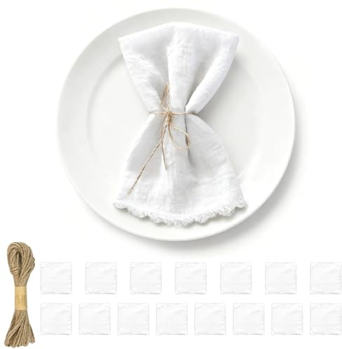 Weciau Stoffservietten, 15 Stück Servietten Stoff mit Fransen, 42 x 42 cm Baumwolle Servietten Stoff mit 10m Hanfseil, Leinenservietten Wiederverwendbare für Hochzeit, Geburtstag Familienfeiern