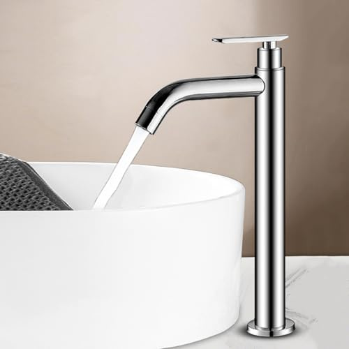 Robinet Lavabo Haut Chromé Mitigeur Eau Froide Lave Main Monocommande Robinet Salle de Bain a Poser en Acier Inoxydable,Chromé