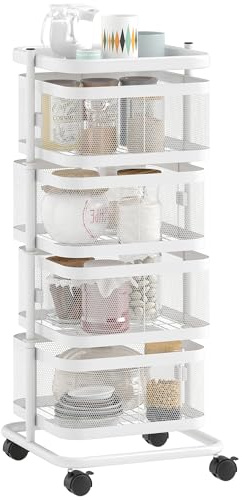 HOMCOM Resserre 4 paniers rotatifs sur Roues, Chariot de Rangement de Cuisine, Panier à légumes et Fruits avec Plateau supérieur, étagère en Fil d'acier, pour Cuisine, Salon et Chambre, Blanc