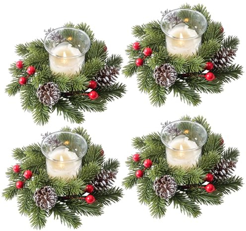 Kerzenring Weihnachten Tischdeko,2er Mini Adventskranz Kerzenkranz Weihnachten Künstliche Weihnachtskranz Kerzenkranz Tannenkranz Weihnachtskerzenringe Kerzenringe für Stabkerzen Weihnachtsdeko (A*4)