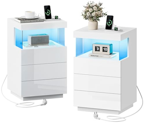 Dripex Nachttisch 2er Set mit Steckdose, 3 Schubladen LED Beistelltisch Ladestation Weiß