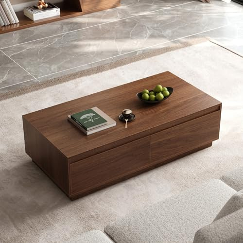 Homary Mesa de Centro Salon 120 cm Nogal Rectangular Mid-Century, 4 Cajones y Almacenamiento, Muebles de Salon Coffee Table para Salones Modernos (Nogal)