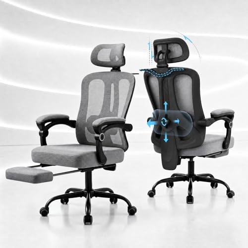 Submi Sedia da Ufficio ergonomica, Sedia da computer con schienale in rete traspirante, Sedia da scrivania con poggiapiedi per Casa o Lavoro,regolabile in altezza, Adulto, 150 kg, Grigio