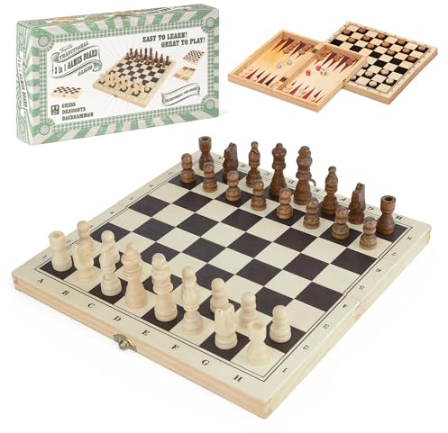 Toyrific 3 in 1 Folding Wooden Board Games Set, Portable Traditional Game Collection with Chess, Draughts and Backgammon for Kids and Families, Ages 3+