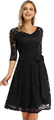 KOJOOIN Robe de Soirée Femme Dentelle Audrey Hepburn 1950 Robe Vintage Rétro Élégant Robe de Cocktail années 50 Rockabilly, Noir Longue, XL