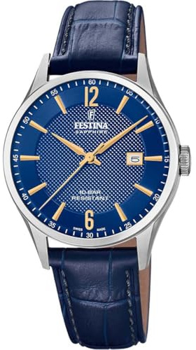Festina Swiss Made Reloj Hombre Analógico de Cuero Azul - Movimiento de Cuarzo - Calendario - Cristal Zafiro de Alta Resistencia - Resistente al Agua 10 ATM Elegante F20007/3 Classic Leather