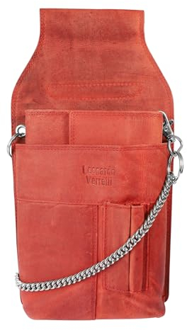 LEONARDO VERRELLI Kellner-Geldbörse aus Leder mit großem Münzfach Damen Herren Portemonnaie mit oder ohne Holster und Kette (Rot)