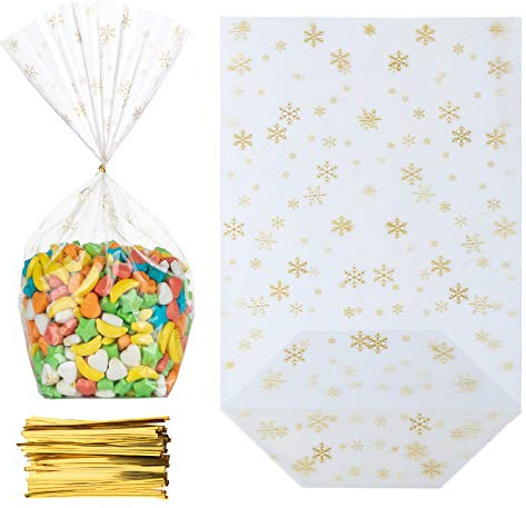 Adorfine 100 Stück Bodenbeutel Schneeflocken Gold 145 x 235 mm OPP Zellglastüten mit Gold Band Verpackung Keksbeutel Gebäckbeutel Süßigkeiten Weihnachtsbeutel Klarsichtbeutel Folienbeutel Tüten
