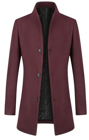 Allthemen Lång vinterkappa i tjock ull för män parkas varm vindtät jacka med ståkrage, Tjockt rött vin, XL